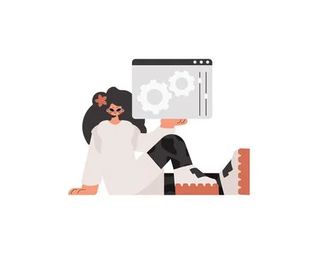 The energetic lady is holding a browser window with gears. SEO and web inve.. Stock Illustration