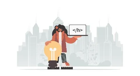 The energetic lady is holding a browser window with a programming picture, .. Stock Illustration