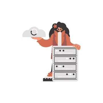 The energetic lady is holding a information cloud and a server Illustrazione stock