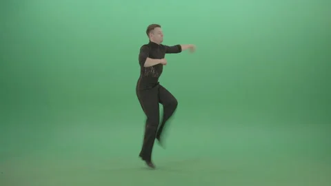 Energetic quickstep dance man stops bow and continue dancing isolated on green Video stock 147919547