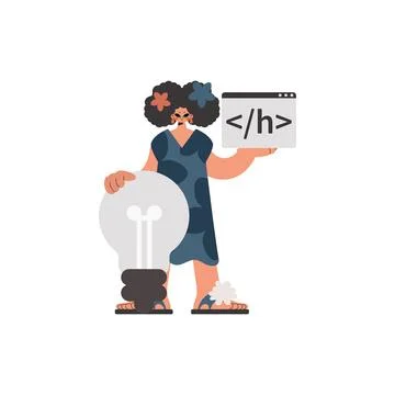 The energized lady is holding a browser window with a programming picture, Stock Illustration