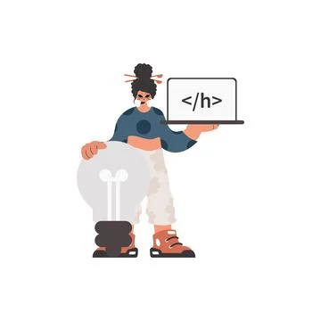 The energized lady is holding a browser window with a programming picture, 스톡 일러스트