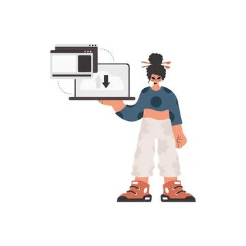 The energized lady is holding a tablet in which information is being synchr.. Stock Illustration