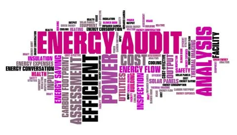 Energy audit - efficiency and consumption analysis word collage. Stock Illustration