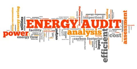 Energy audit - efficiency and consumption analysis word collage. Illustrazione stock