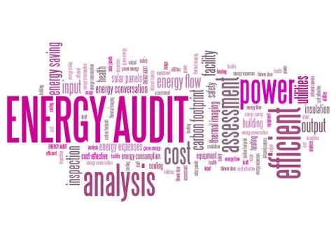 Energy audit - efficiency and consumption analysis word collage. Stock Illustration