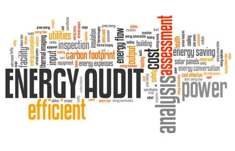 Energy audit - efficiency and consumption analysis word collage. Ilustración de archivo