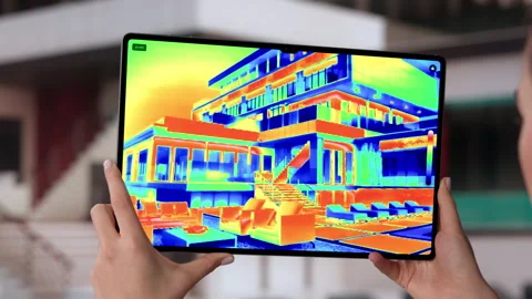 Energy Auditor Uses Infrared Camera Outside House Detecting Heat Stock Footage 332910686