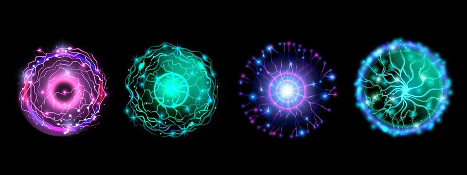 Energy ball vector set, game fire magic orb, crystal electric sphere kit Illustrazione stock