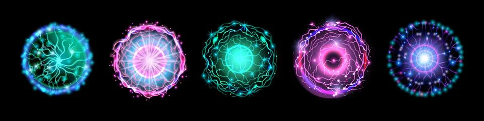 Energy ball vector set, thunder power effect game fire magic orb Illustrazione stock