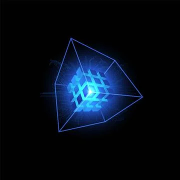 Energy blocks with integrated circuits vector design, shiny blue neon cube from Illustrazione stock