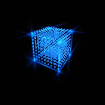 Energy blocks vector design, shining blue neon cube from square grid, high tech Illustrazione stock