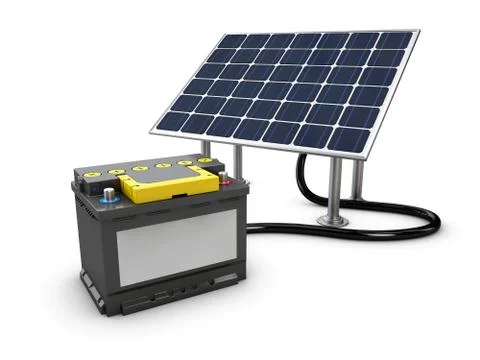 Energy concept background with solar panel and charging battery, 3d illustrat Stock Illustration