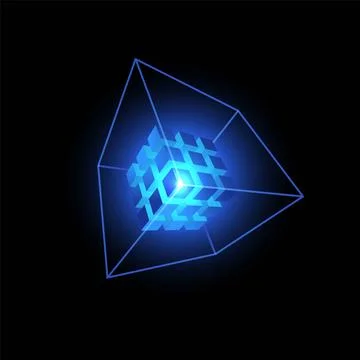 Energy cube blocks vector design, shiny blue neon cubic from square grid and Stock Illustration