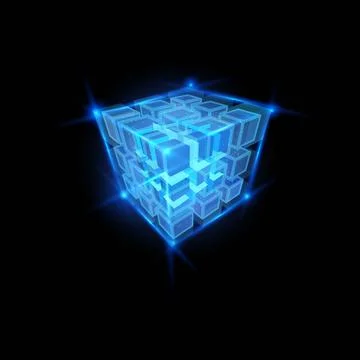 Energy cube blocks vector design, shining blue neon square grid shape, high tech Illustrazione stock