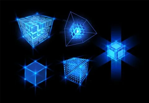 Energy cube blocks vector designs set, shining blue neon square grid shape, high Illustrazione stock