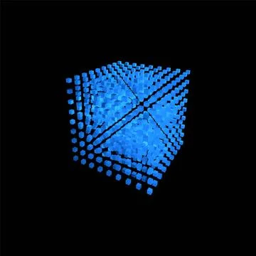 Energy cube made of small glowing blue blocks. Cloud database. Stock Illustration