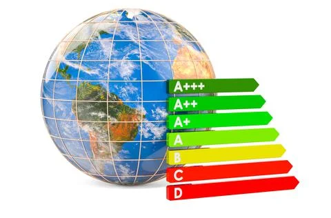 Energy efficiency chart with Earth Globe. 3D rendering Illustrazione stock