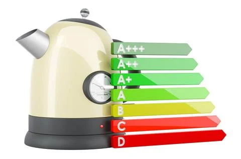 Energy efficiency chart with electric kettle, 3D rendering Energy efficien... Stock-Fotos