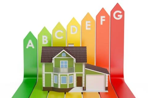 Energy efficiency chart with house, 3D rendering Stockillustratie
