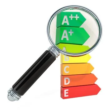 Energy efficiency chart with magnifier, 3D rendering Stock Illustration