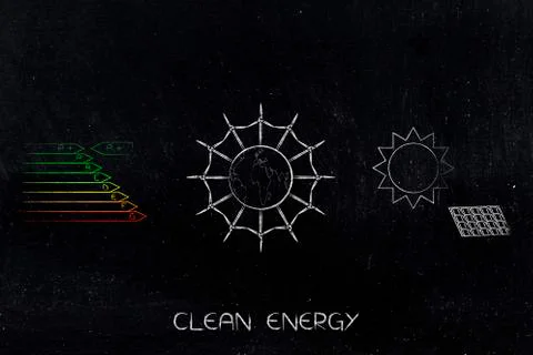 Energy efficiency chart next to globe surrounded by wind turbines and sun shi Stock Illustration