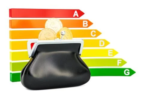 Energy efficiency chart with purse full of golden coins, 3D rendering Stockillustratie