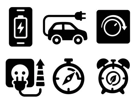 Energy Efficiency Device Icon Set with Car and Battery Symbols Stock Illustration