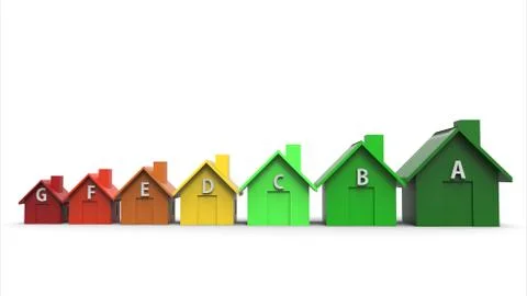 Energy efficiency directive and multi colored houses. 3D illustration Stock Illustration