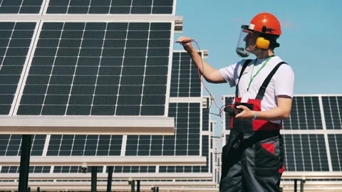 Energy efficiency, energy saving concept. Electricity level in solar panels is Video stock 140969499