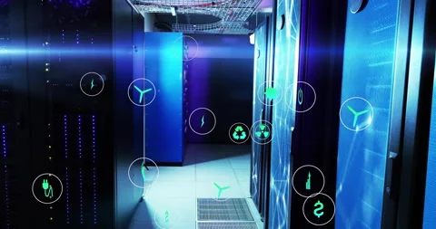 Energy efficiency icons overlaying server racks in data center corridor Stock Footage 303431740