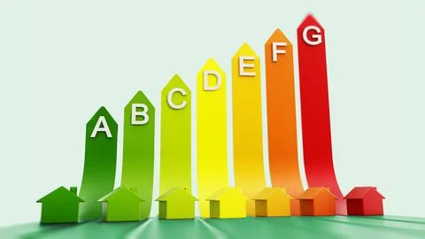 Energy efficiency levels with small plastic houses. 3D illustration Stockillustratie