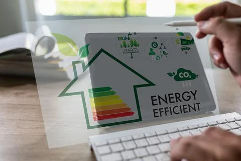 Energy efficiency mobile app on screen man saving energy diagram cost econo.. Stock-Fotos