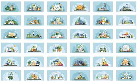 Energy efficiency. Multiple illustrated panels showcasing various aspects of  Ilustración de archivo