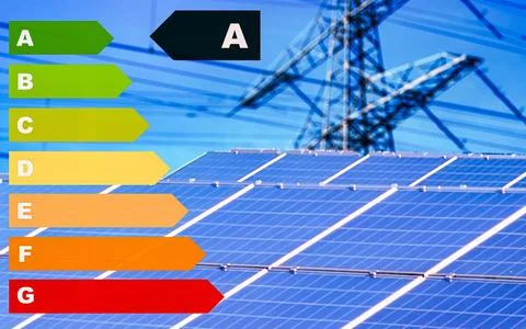 Energy efficiency rating bars next to solar panels and power lines Foto stock