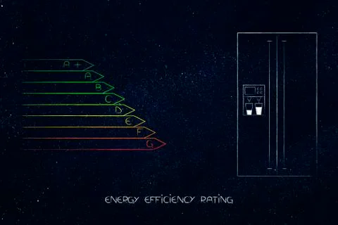Energy efficiency rating chart next to fridge Stock Illustration