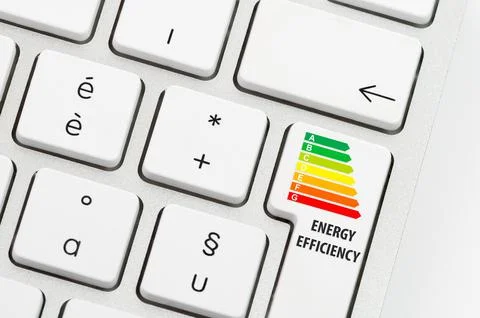 Energy efficiency rating computer keyboard. Concept green ecology Foto stock