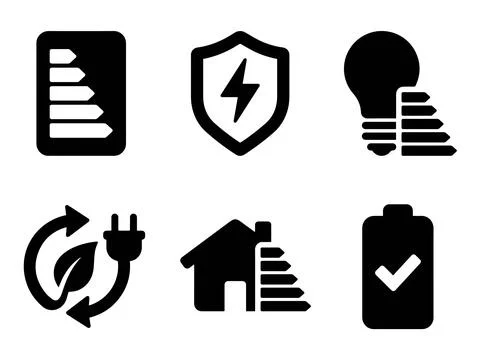 Energy Efficiency Rating Icon Set with Shield and Smart Home Stock Illustration