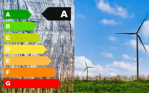 Energy efficiency rating labels with wind turbines against a blue sky Photos