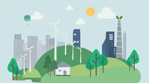Energy efficient future city with wind turbines. Stock Footage 288022367