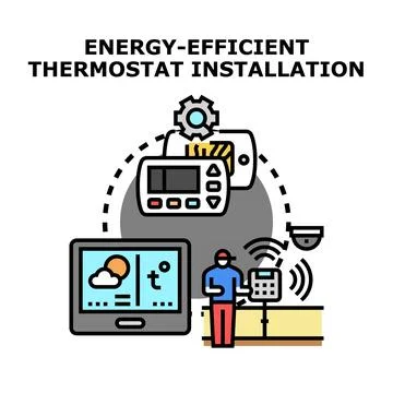 Energy efficient thermostat installation process developing smart home Stock Illustration