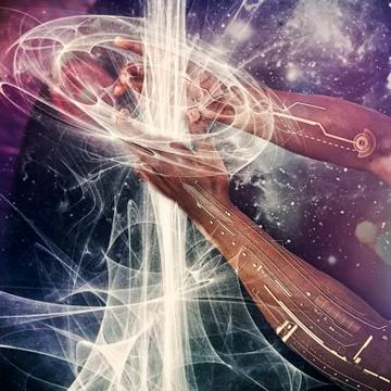 Energy flowing through hands of android Stock Illustration