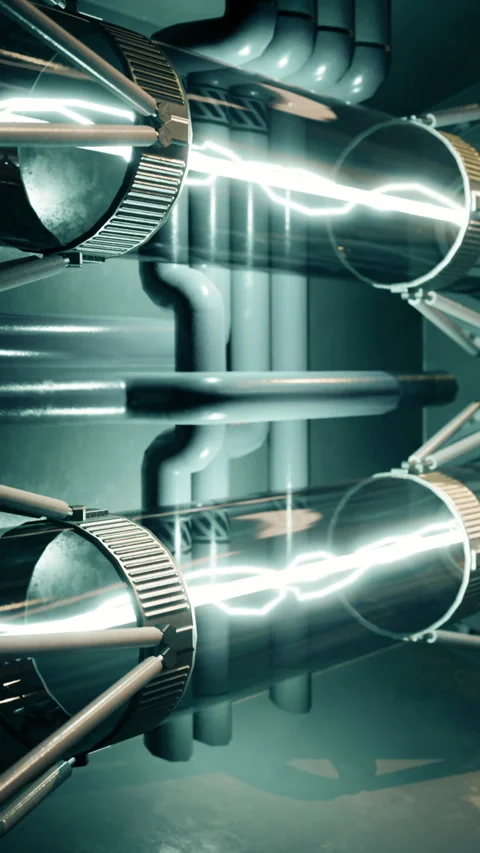 Energy flows through futuristic tubes in an industrial setting at night Stock Footage 331834840