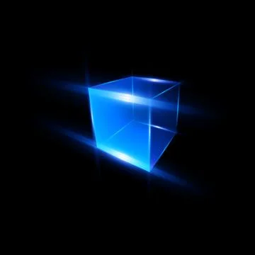Energy glow cube block from sparkle lines vector design, shiny blue neon 3D Stock Illustration