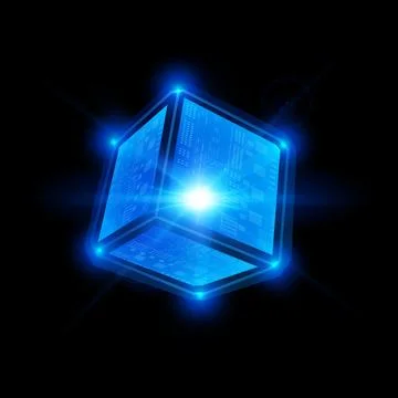 Energy glow cube block vector design, shiny blue neon 3D square shape, cyber Illustrazione stock