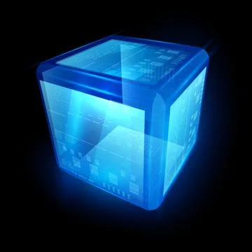 Energy glow cube block vector design, shiny blue neon 3D square shape, cyber Illustrazione stock