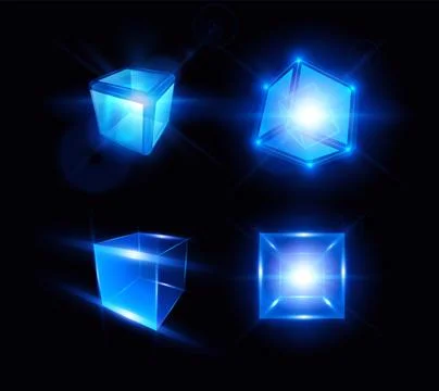 Energy glow cube block vector design set, shiny blue neon 3D square shape, cyber Stock Illustration