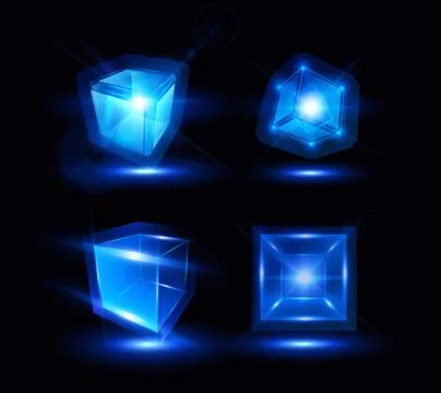 Energy glow cube block vector designs set, shiny blue neon 3D square shape, high Stock Illustration