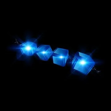 Energy glow cube blocks flight, shiny blue neon 3D square shape, cyber boxes Stock Illustration