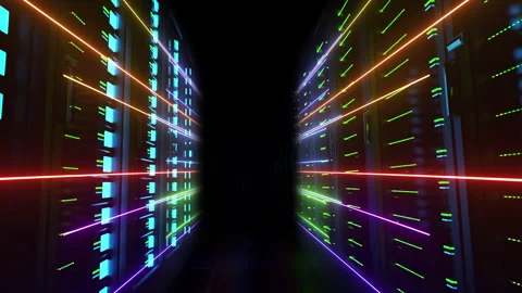Energy Lines Visualisation Flowing Across Data Center Computer Servers 스톡 동영상 331055686